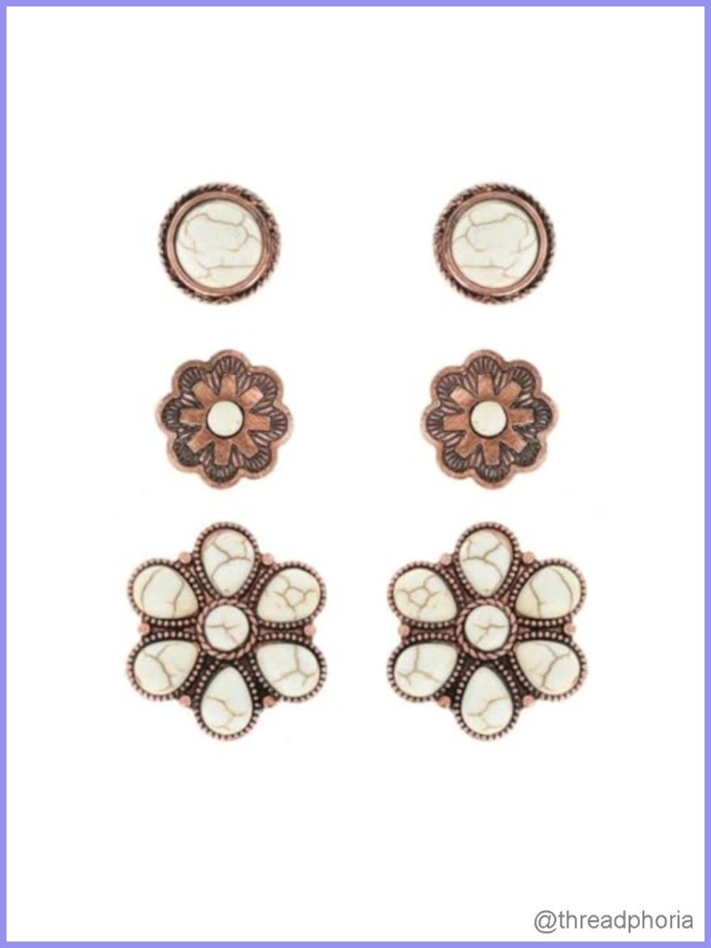 Set of 3 Turquoise Stud Earrings Western Boho Southwestern Flower Round Antique